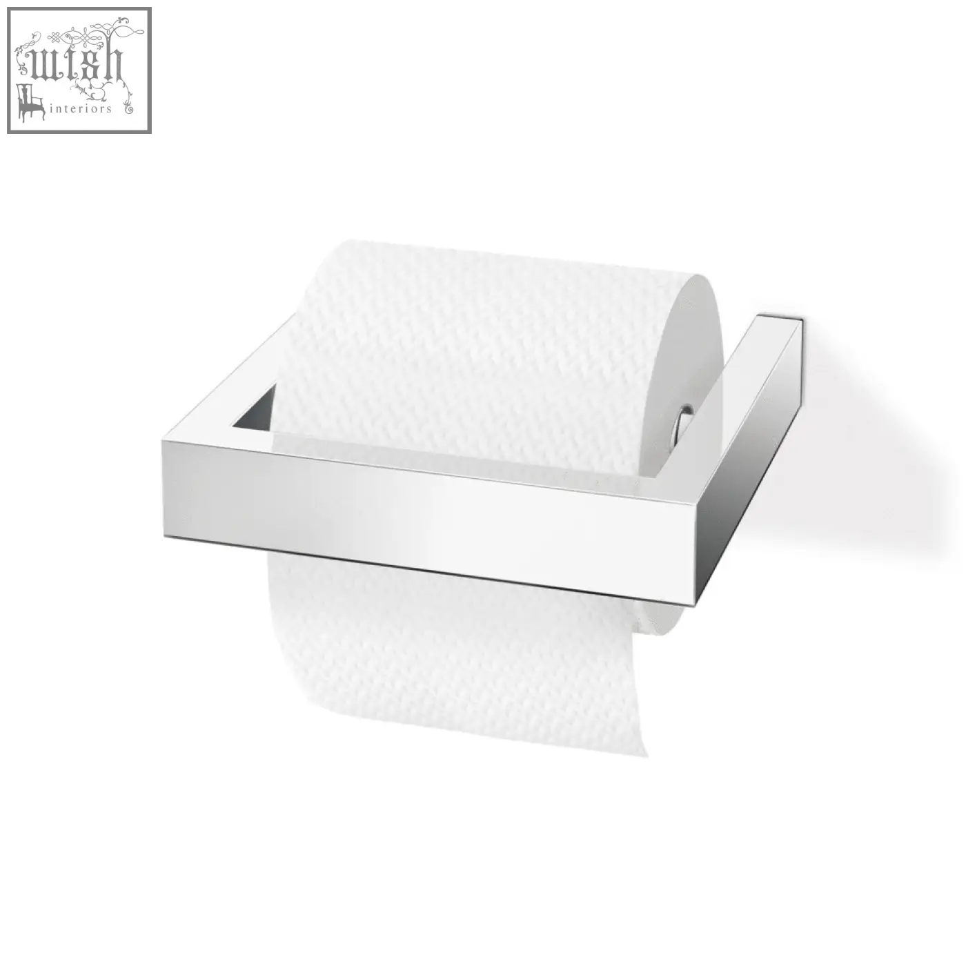 Zack linea polished stainless steel toilet roll holder with chrome finish holding a standard white toilet roll