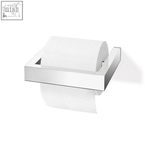 Zack linea polished stainless steel toilet roll holder with chrome finish holding a standard white toilet roll