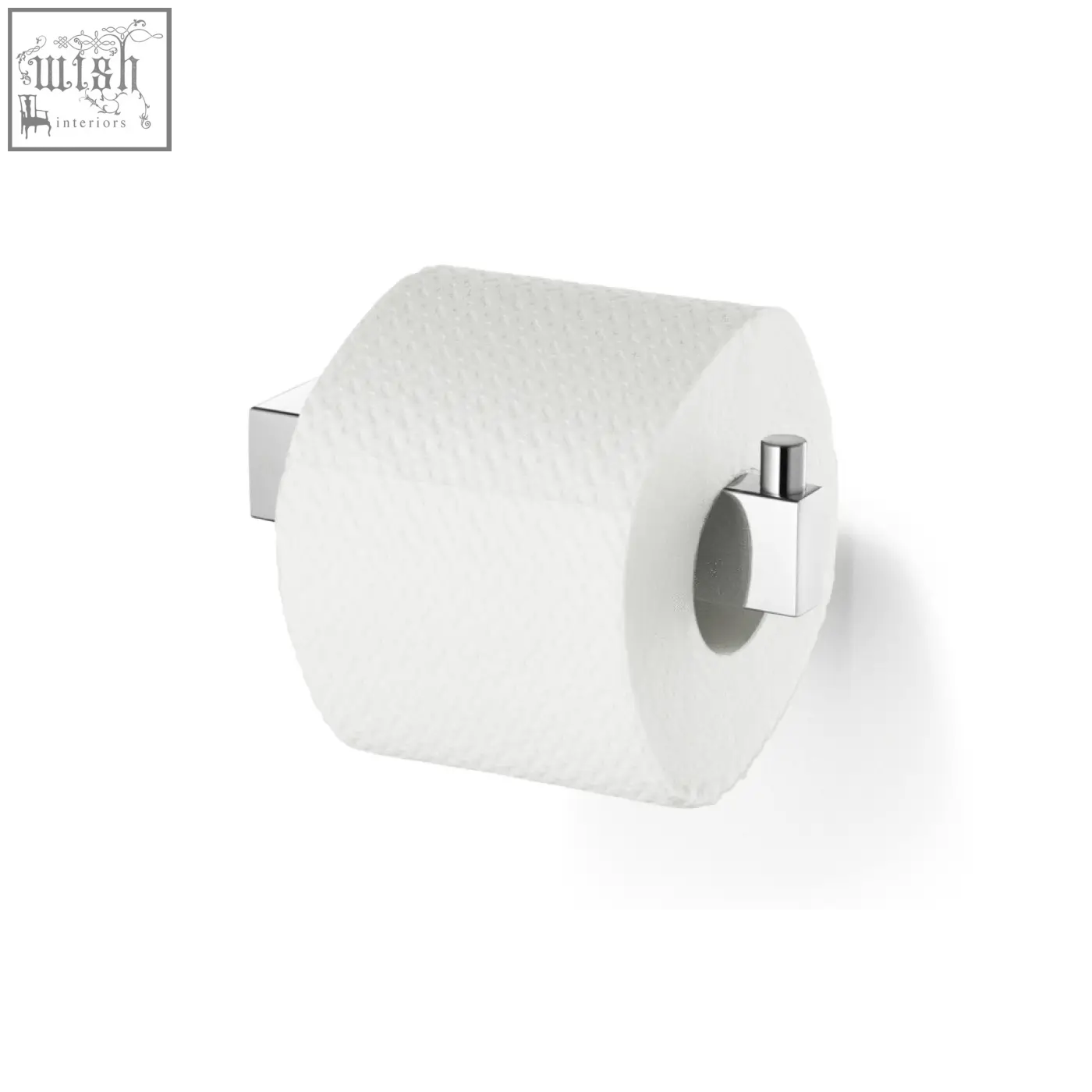 A sleek zack linea polished stainless steel toilet roll holder with a minimalist square design holding a white toilet roll