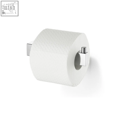 A sleek zack linea polished stainless steel toilet roll holder with a minimalist square design holding a white toilet roll