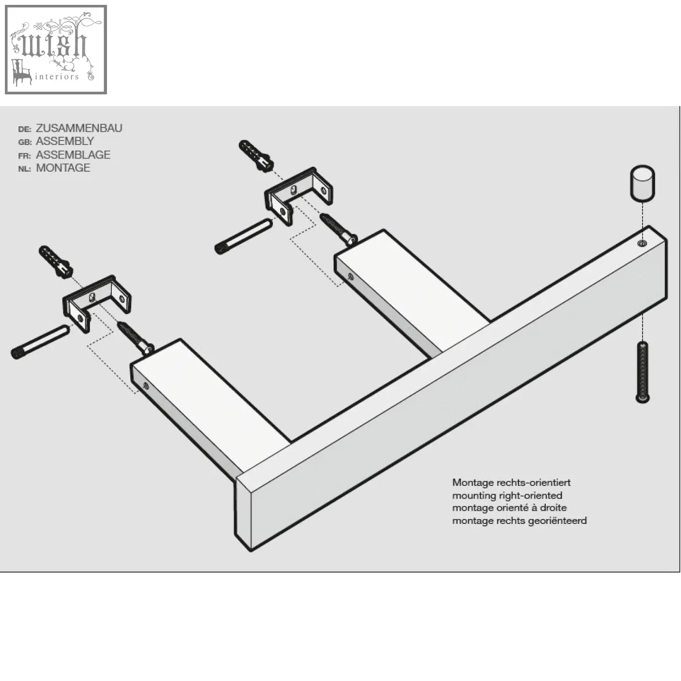 White metal mounting bracket assembly diagram for zack linea polished stainless steel toilet roll holder with shelf