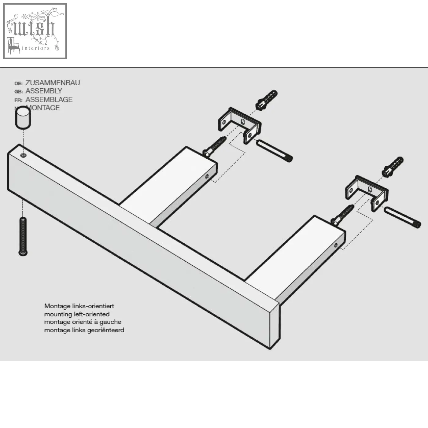 White metal l-shaped mounting bracket assembly with screws for left installation of zack linea stainless steel toilet roll holder