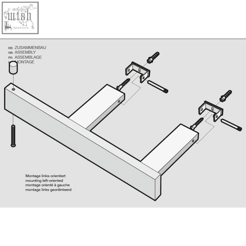 White metal l-shaped mounting bracket assembly with screws for left installation of zack linea stainless steel toilet roll holder
