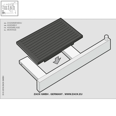 Black ribbed foot pedal assembly shown on white base with arrow for zack linea polished stainless steel toilet roll holder