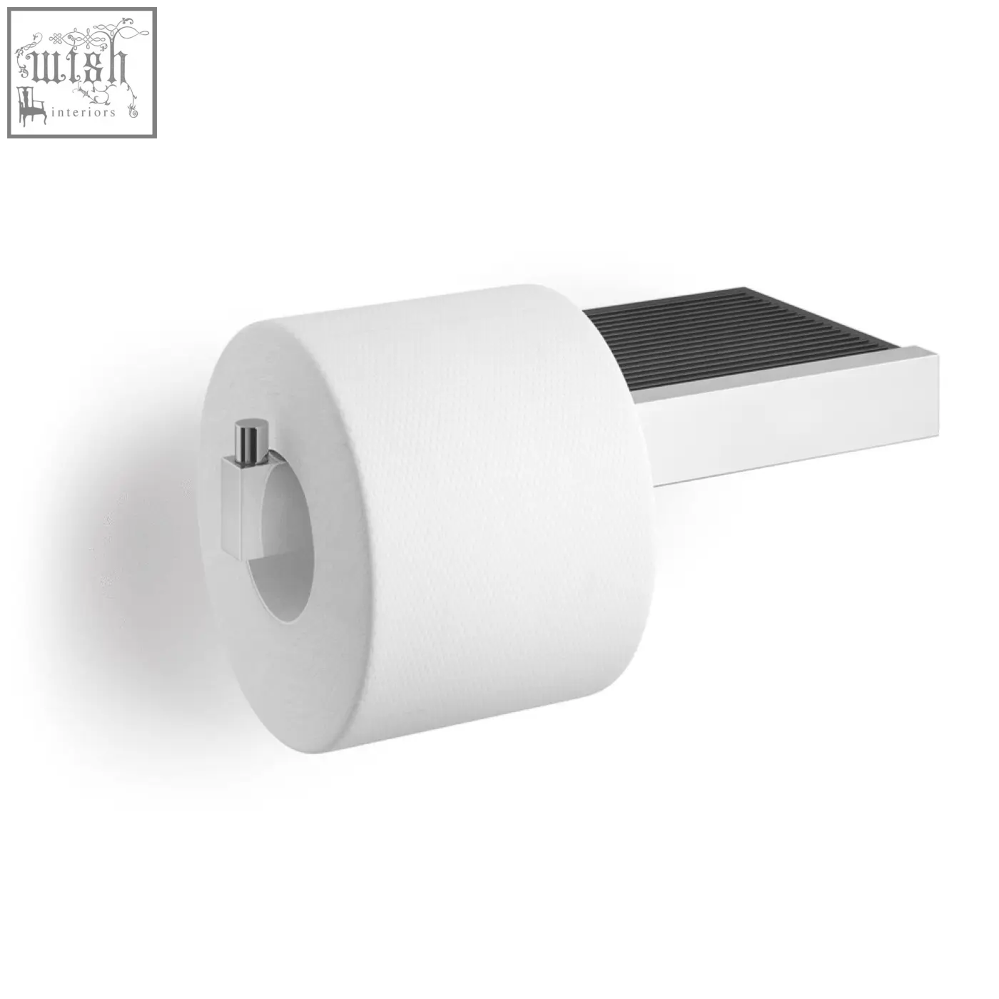 Modern white toilet roll holder with sleek minimalist design and polished stainless steel shelf bracket by zack linea