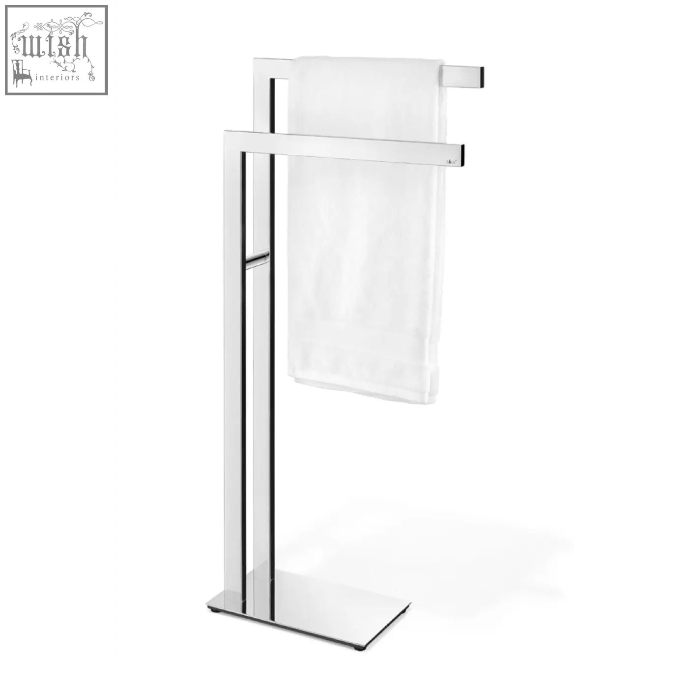 Modern chrome linea towel stand with sleek design and two bars holding a white towel for bathroom luxury
