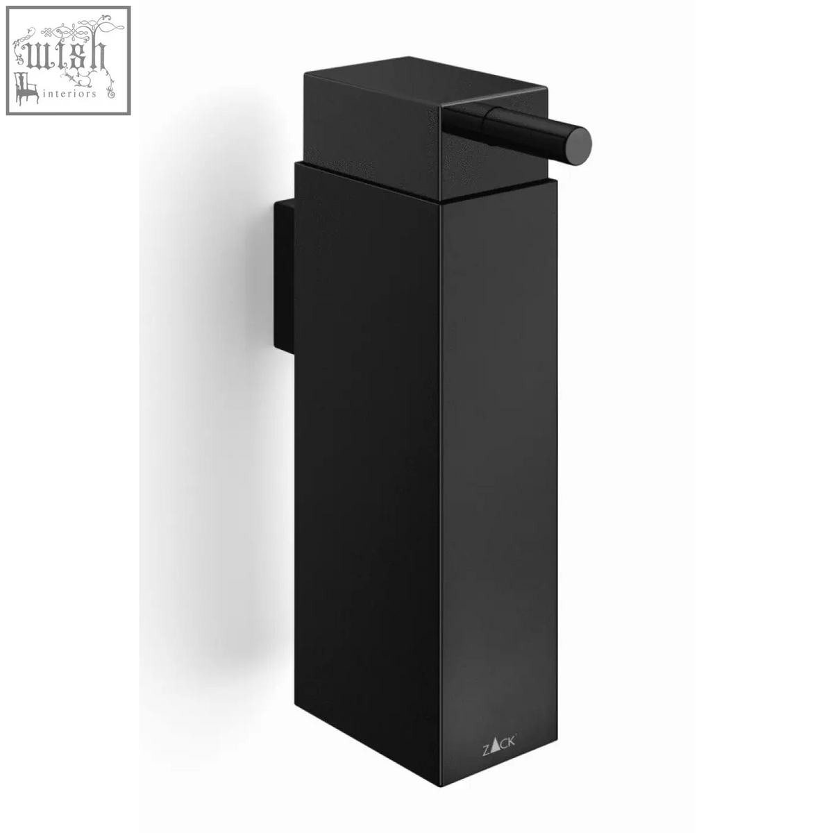 Black matte powder-coated stainless steel wall soap dispenser with sleek rectangular design and push-button mechanism