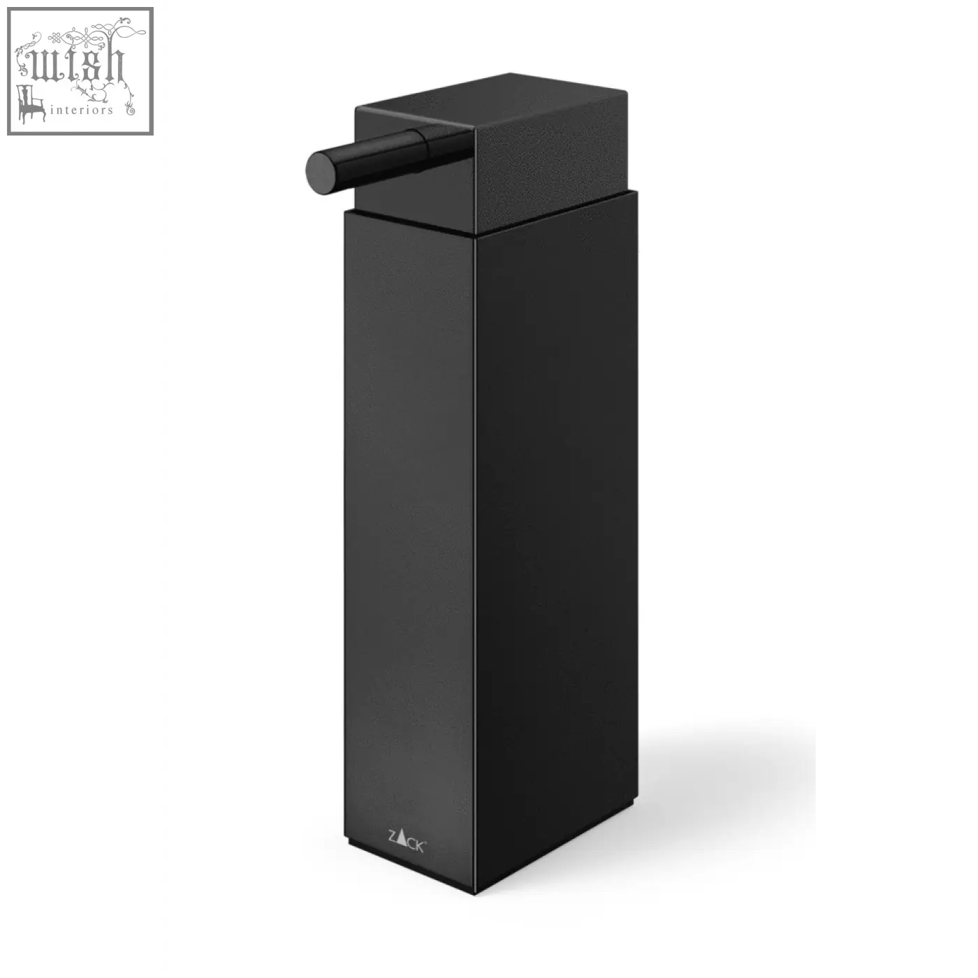 Black matte zack linea soap dispenser with stainless steel powder coated finish and sleek cylindrical pump handle