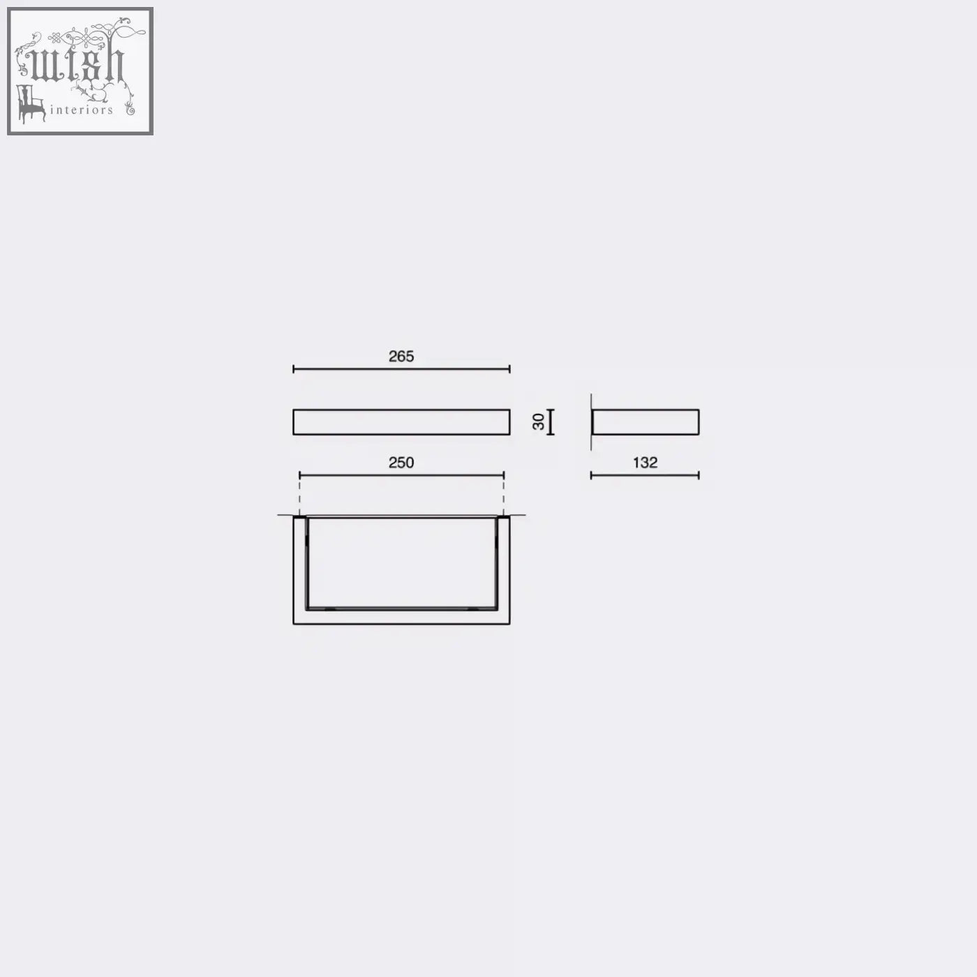 Rectangular recessed lighting fixture with precise dimensions on the black stainless steel Zack Linea bathroom shelf