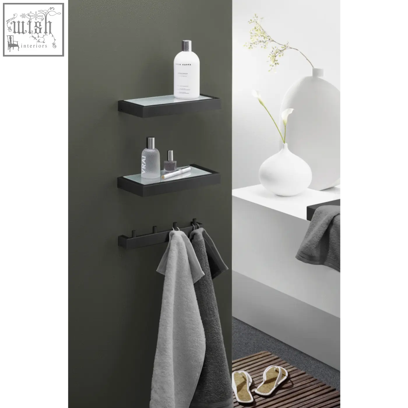 Modern black linea bathroom shelf with glass tops made of premium stainless steel holding toiletries and towels