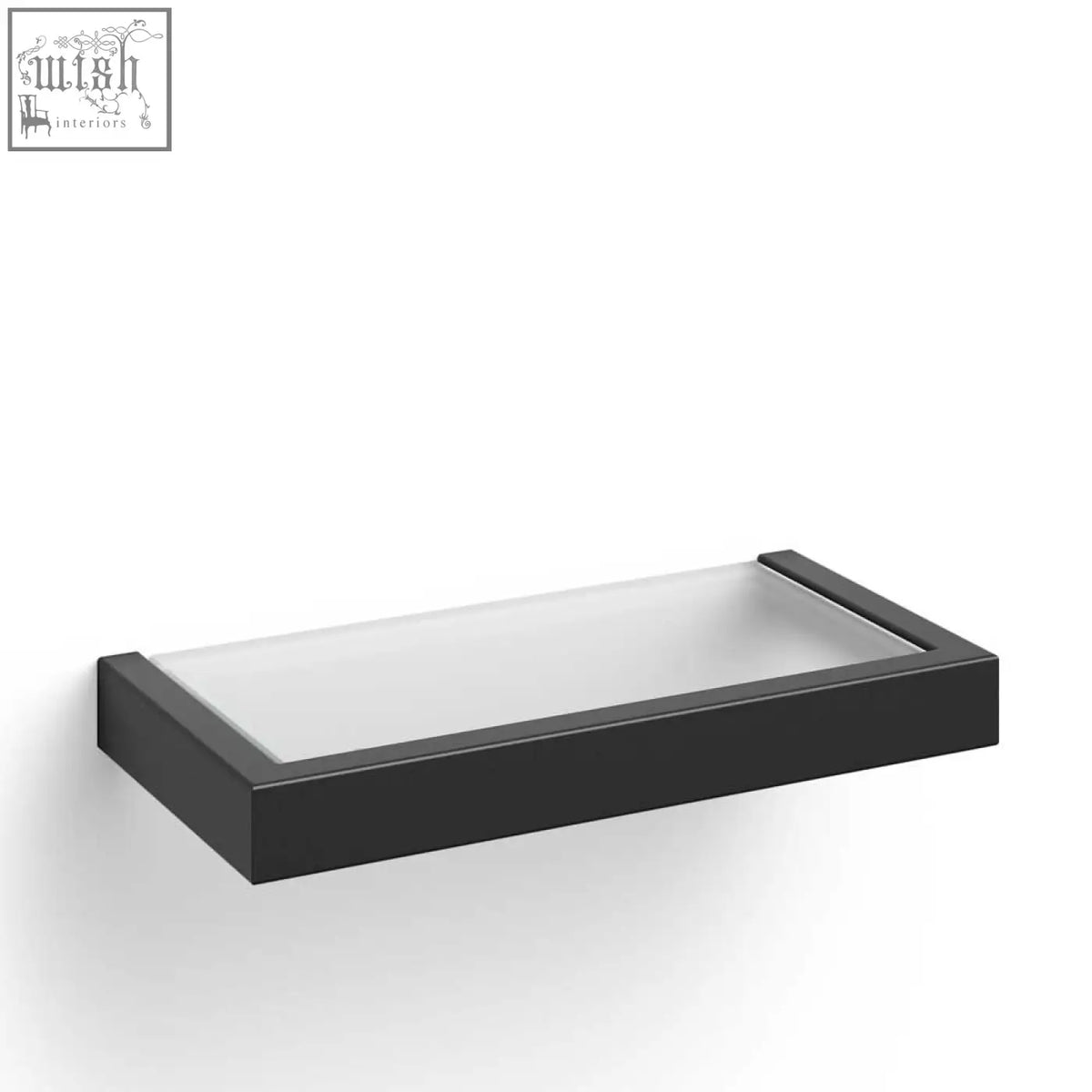 Black rectangular linea bathroom shelf with frosted glass top made from premium stainless steel for bathroom use