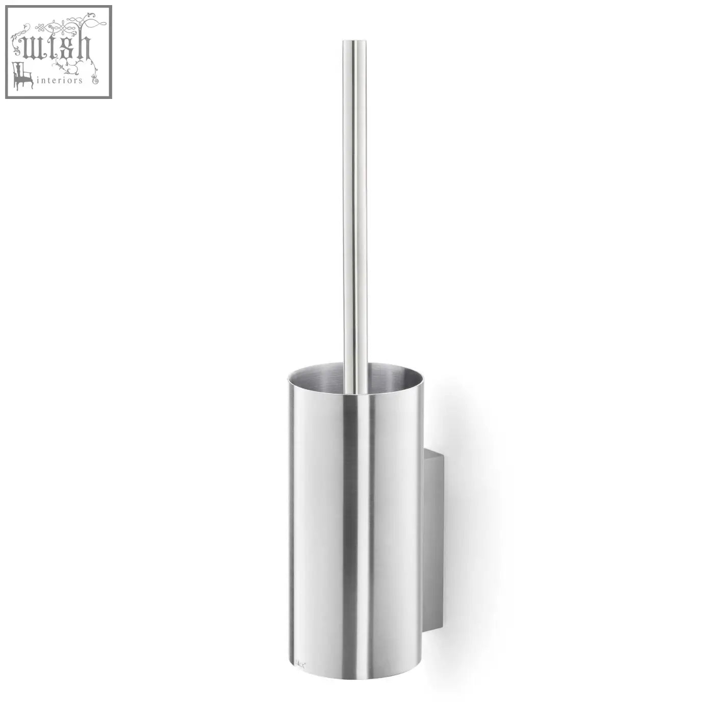 Stainless steel toilet brush with sleek cylindrical design and wall-mounted bracket from zack linea premium range
