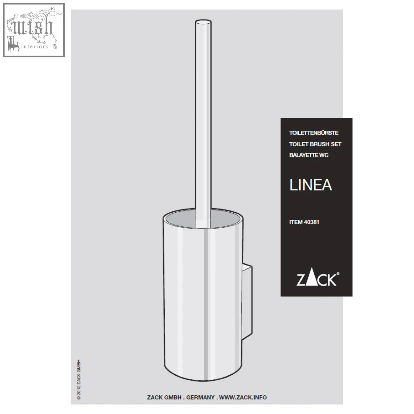 Silver cylindrical toilet brush holder with matching handle in brushed stainless steel for wall-mounted use by zack linea
