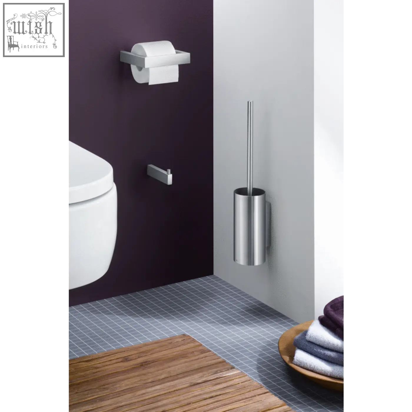 Modern brushed stainless steel toilet brush holder with sleek cylindrical design from zack linea premium collection