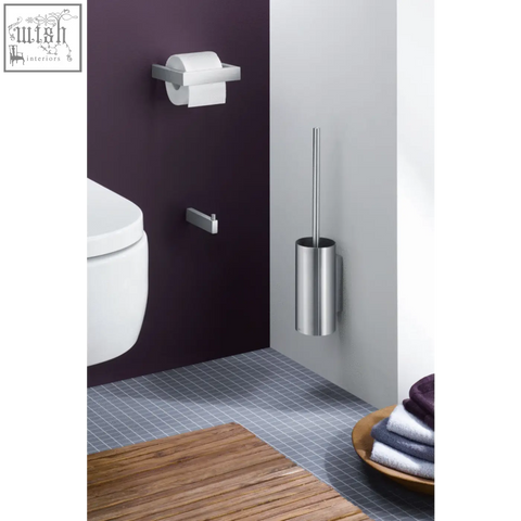 Modern brushed stainless steel toilet brush holder with sleek cylindrical design from zack linea premium collection