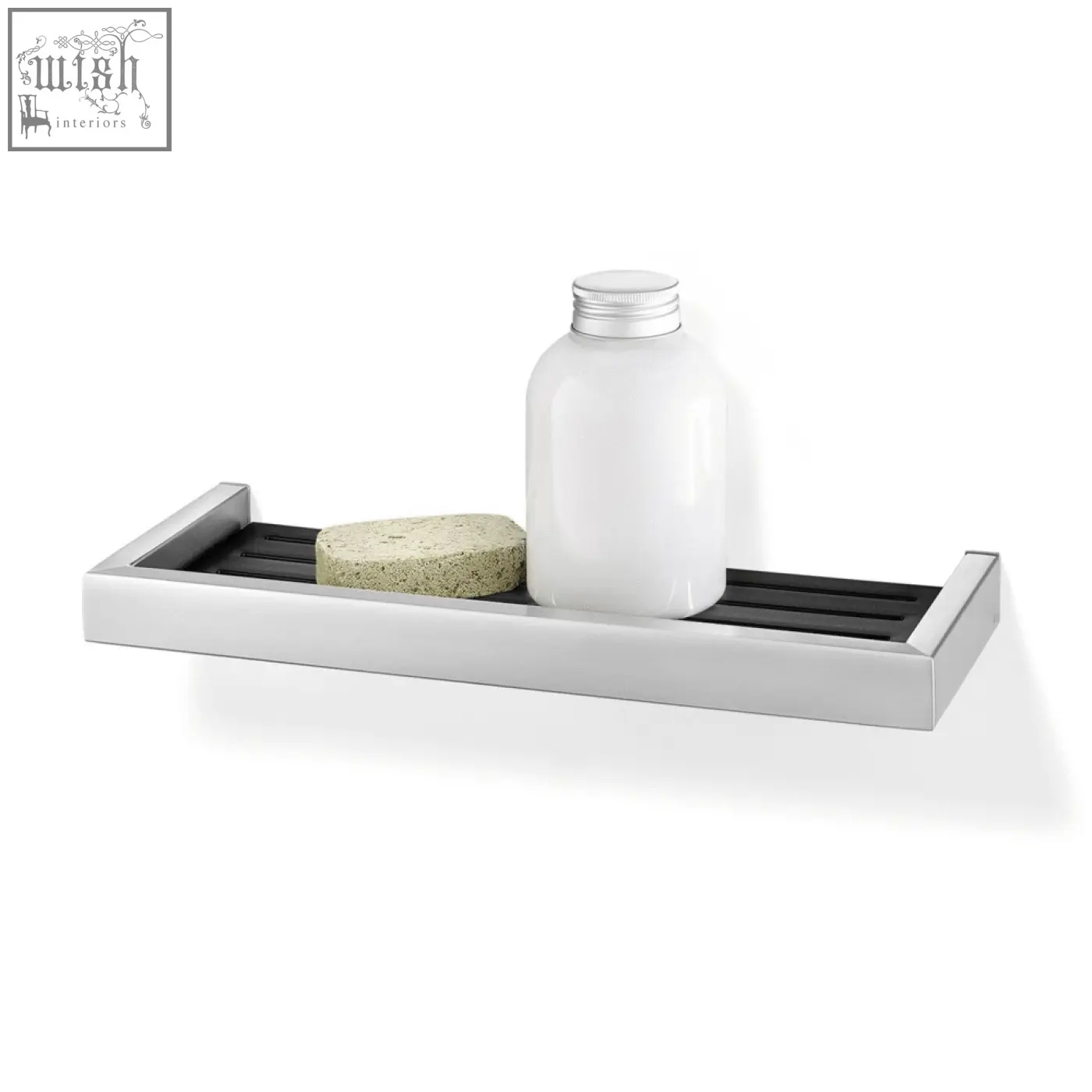 Modern brushed stainless steel linea shower shelf with black rubberized slats for luxury bathroom storage
