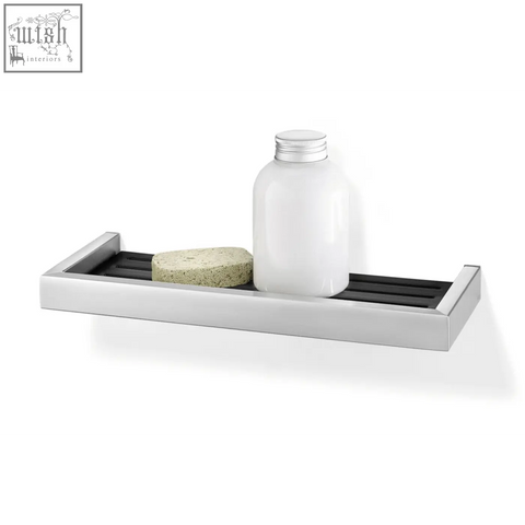 Modern brushed stainless steel linea shower shelf with black rubberized slats for luxury bathroom storage