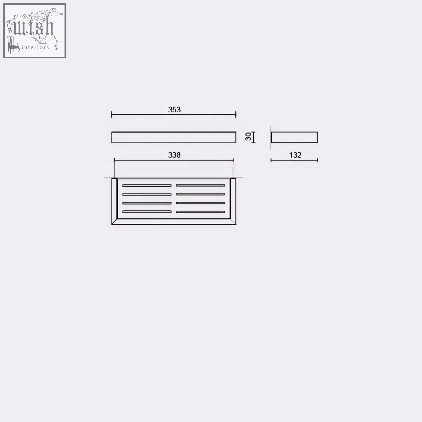Rectangular ventilation grille with horizontal slats in technical drawing for zack linea shower shelf brushed steel