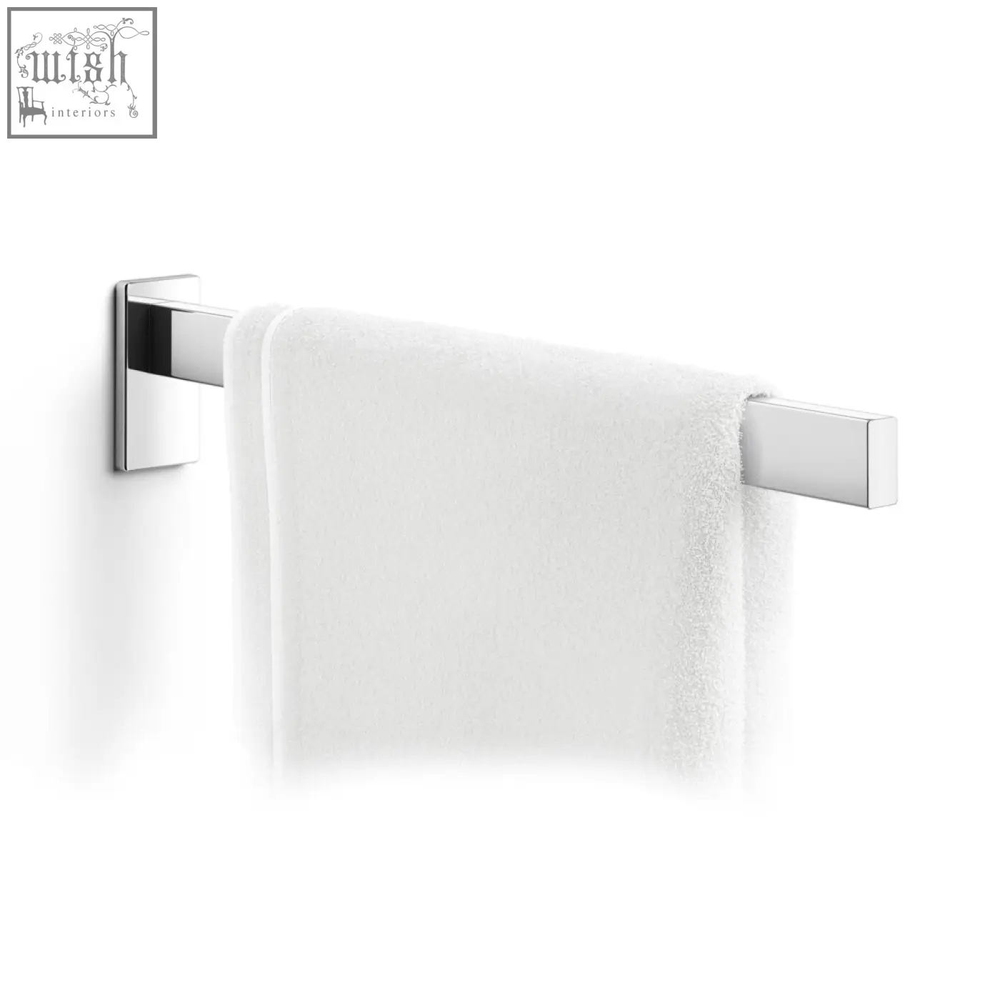 Chrome finished stainless steel linea towel holder with sleek modern design holding soft white towel from Zack Linea