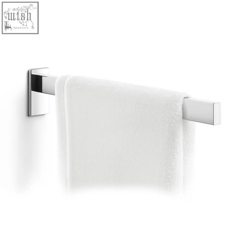 Chrome finished stainless steel linea towel holder with sleek modern design holding soft white towel from Zack Linea