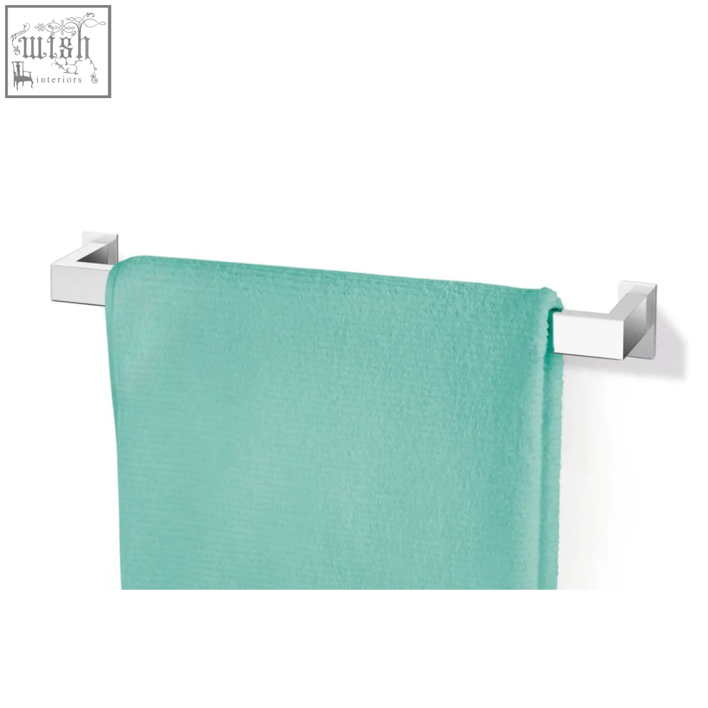 A soft mint-green towel hangs on a zack linea premium polished stainless steel towel rail 45 cm