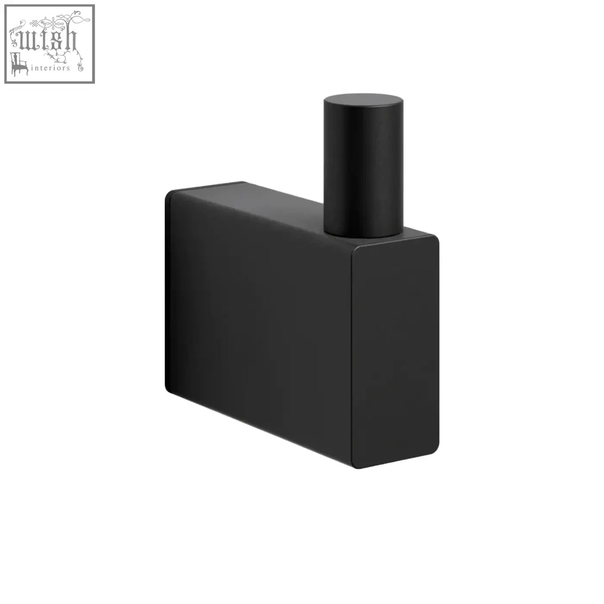 Black rectangular perfume bottle with cylindrical cap shown with Zack Linea premium stainless steel towel hook in matte finish