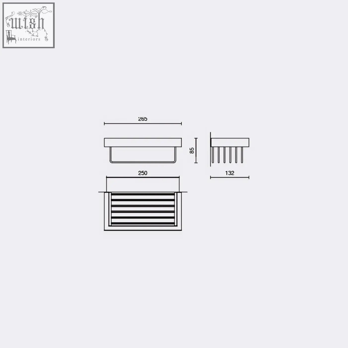 Rectangular polished stainless steel linea shower basket with horizontal slats and precise size markings