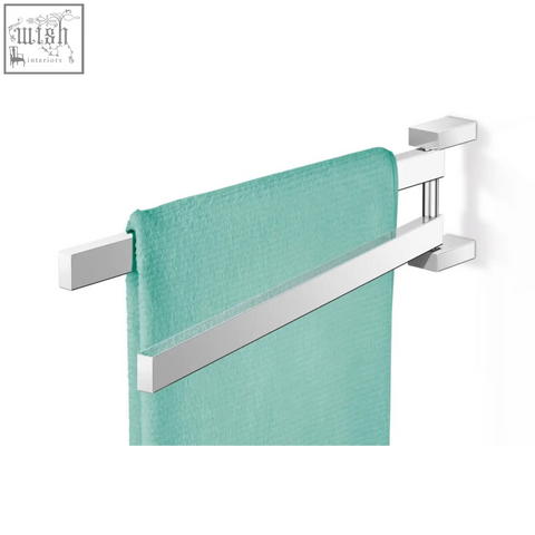 A sleek linea towel rail with a polished stainless steel finish and a matte teal towel draped over it