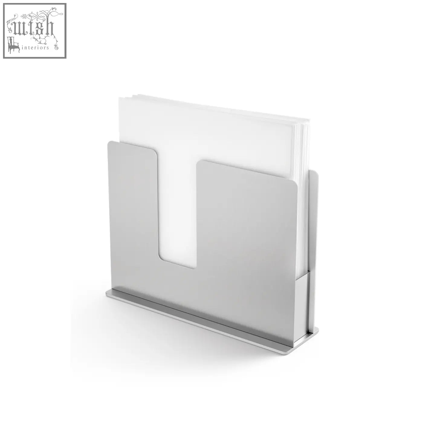 Silver metallic zack linu napkin holder with sleek stainless steel surface holding white paper cards