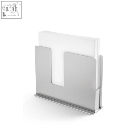Silver metallic zack linu napkin holder with sleek stainless steel surface holding white paper cards