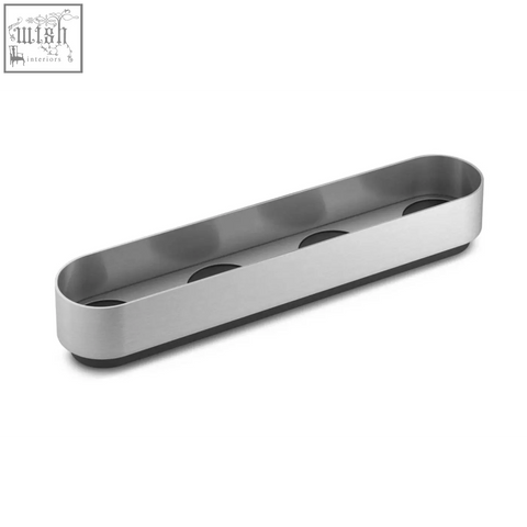 Silver stainless steel three-hole spice rack with sleek modern design shown with the zack lonta tealight holder