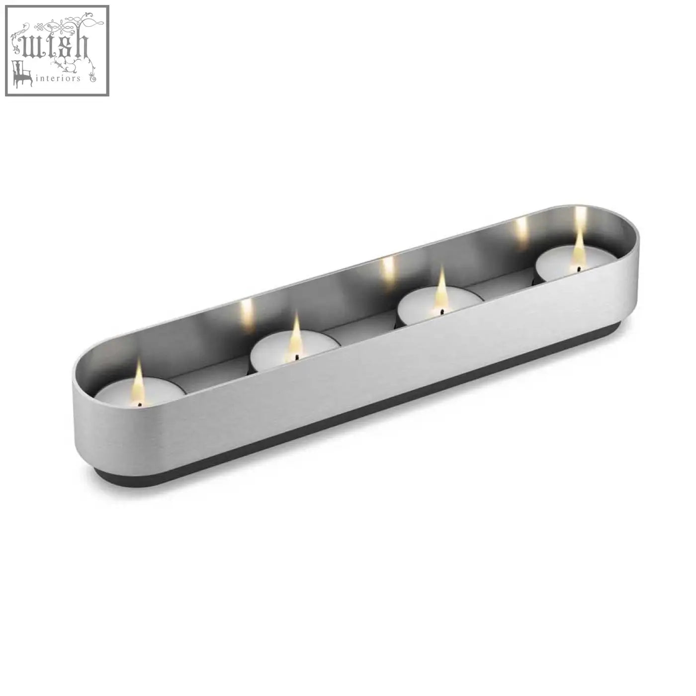 Modern brushed stainless steel lonta tealight holder with four lit tea light candles for stylish decor