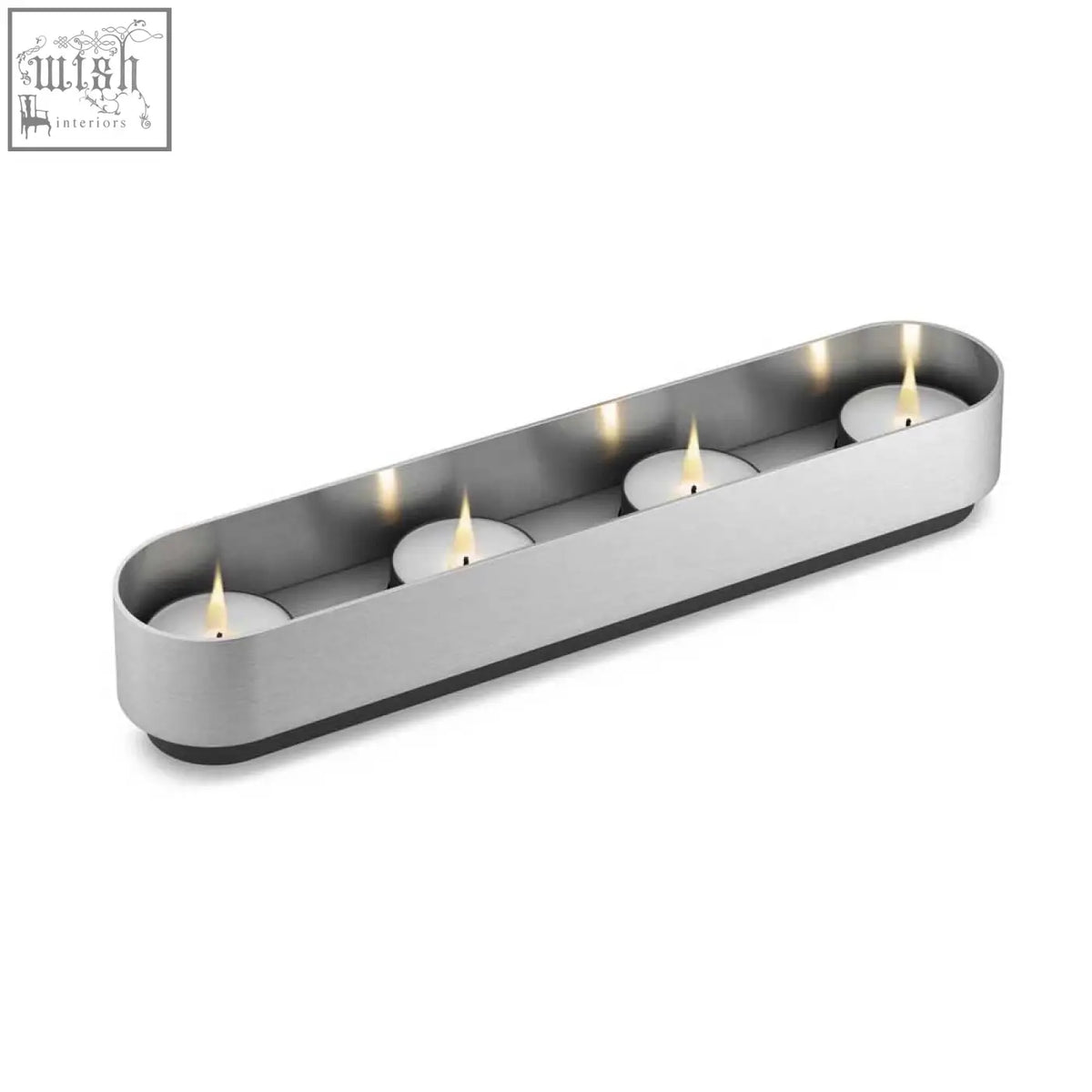 Modern brushed stainless steel lonta tealight holder with four lit tea light candles for stylish decor