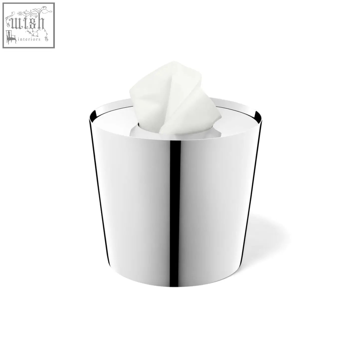 Shiny chrome lyos tissue dispenser in polished stainless steel with a modern design and white tissue pulled out
