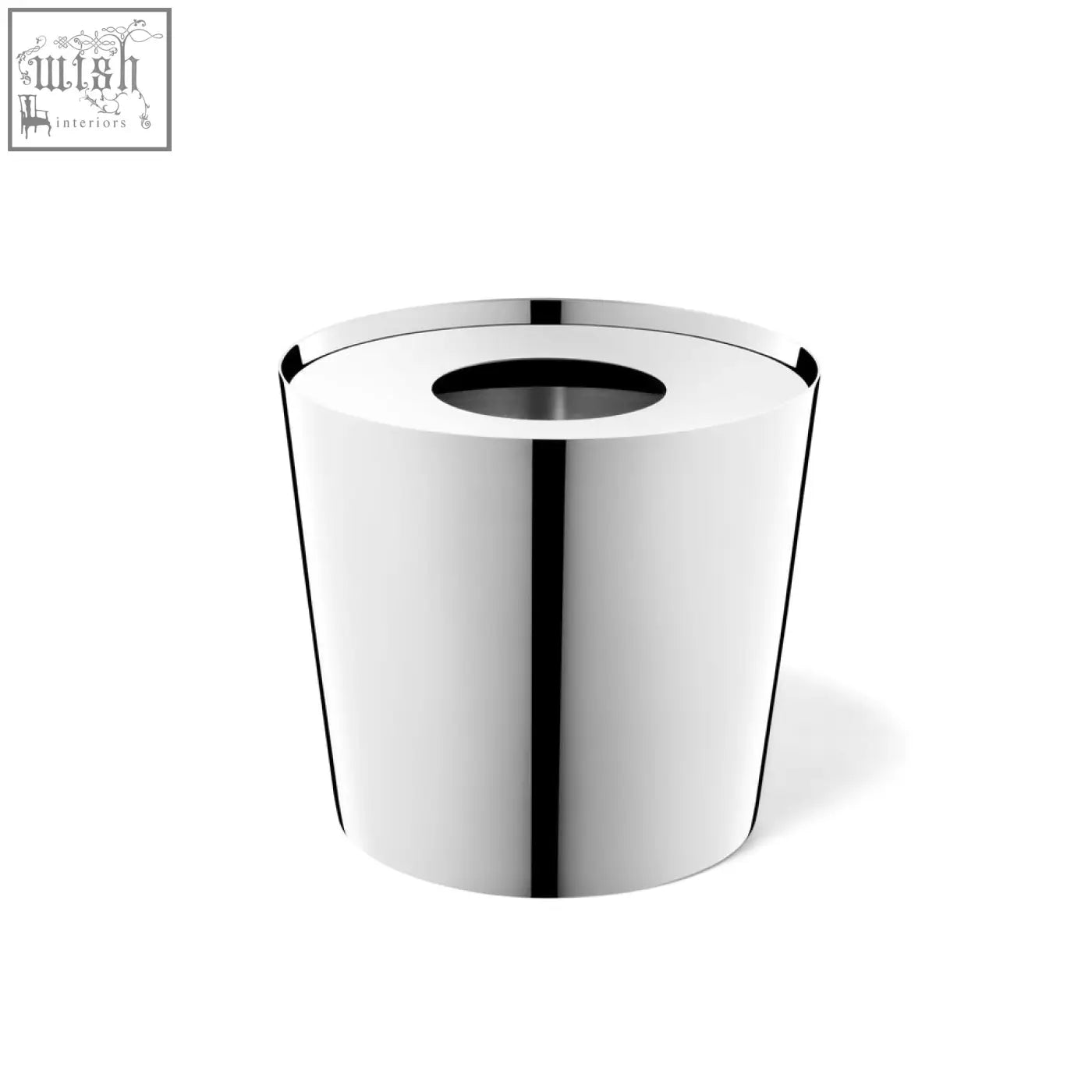 Shiny chrome cylindrical lyos tissue dispenser in polished stainless steel with a sleek minimalist design