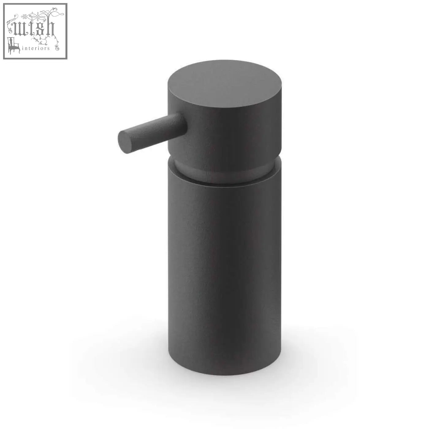 Matte black zack manola stainless steel soap dispenser with minimalist cylindrical design and short horizontal pump handle