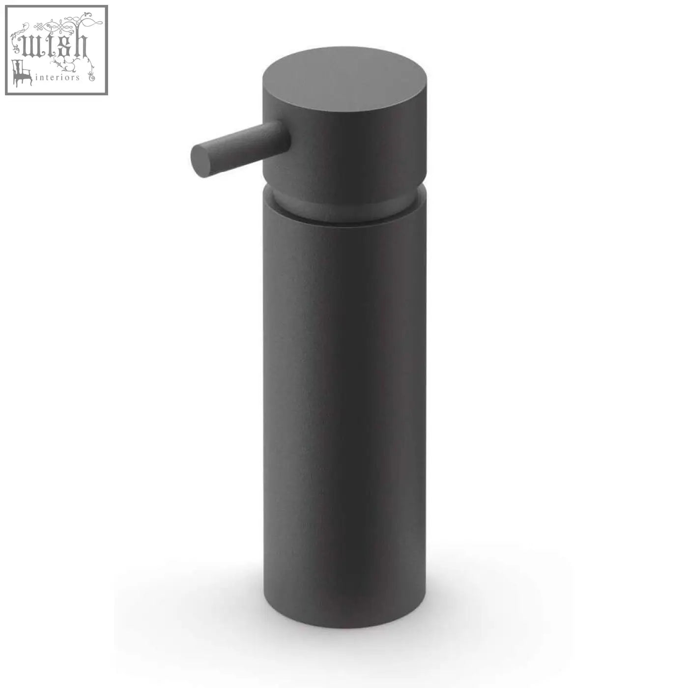 Matte black zack manola stainless steel soap dispenser with minimalist cylindrical design and short horizontal pump handle