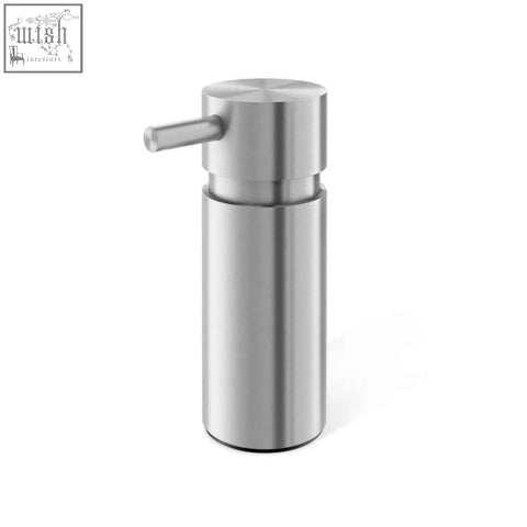Stainless steel cylindrical soap dispenser with a sleek brushed finish from zack manola for stylish bathroom use