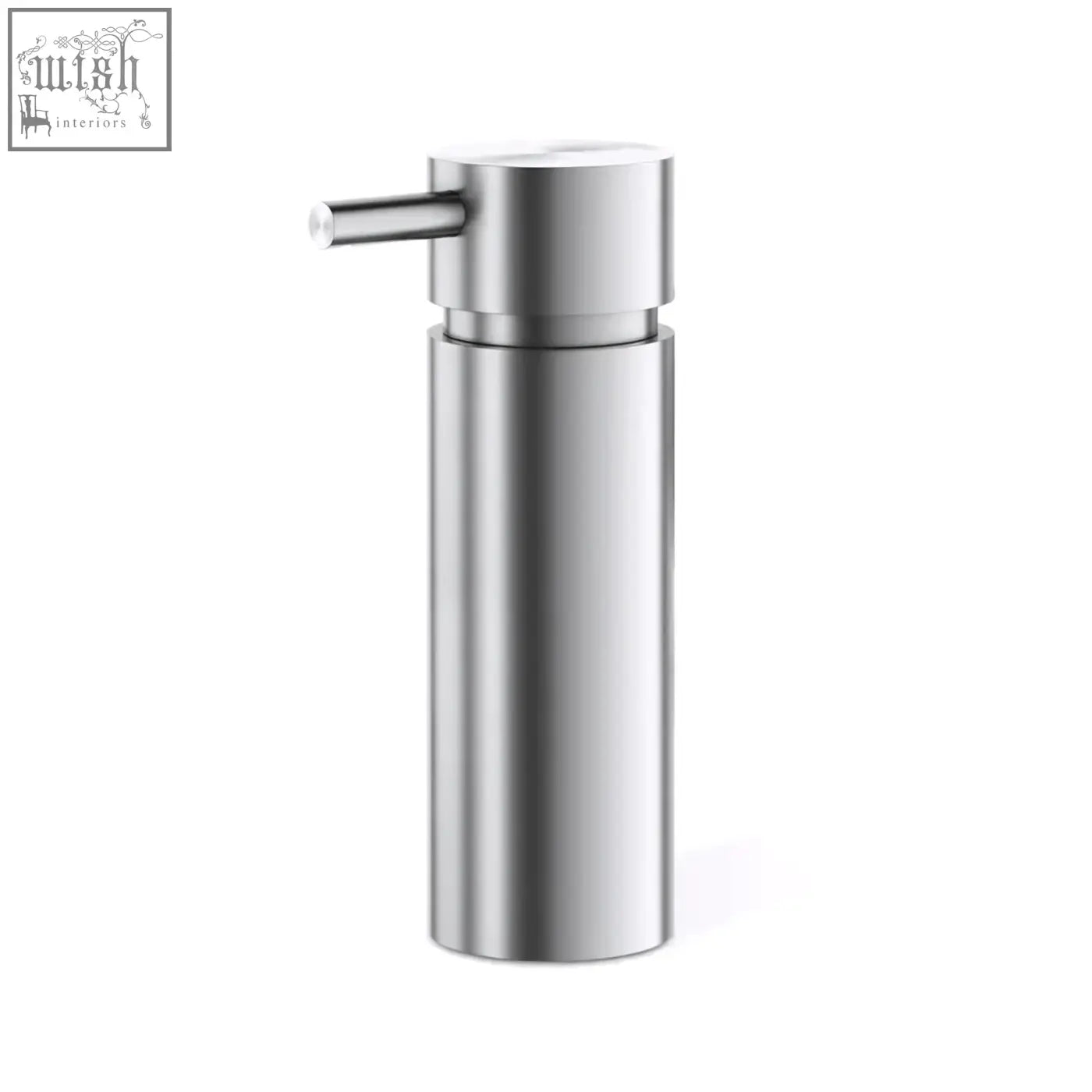 Stainless steel zack manola soap dispenser with sleek cylindrical design and horizontal push-button pump for easy use