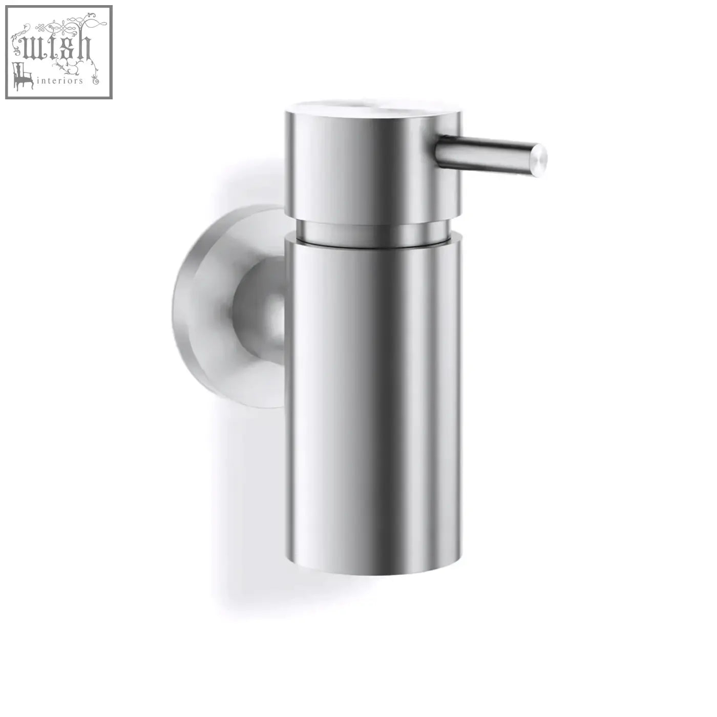 Stainless steel wall-mounted soap dispenser by zack manola with sleek cylindrical body and minimalist design
