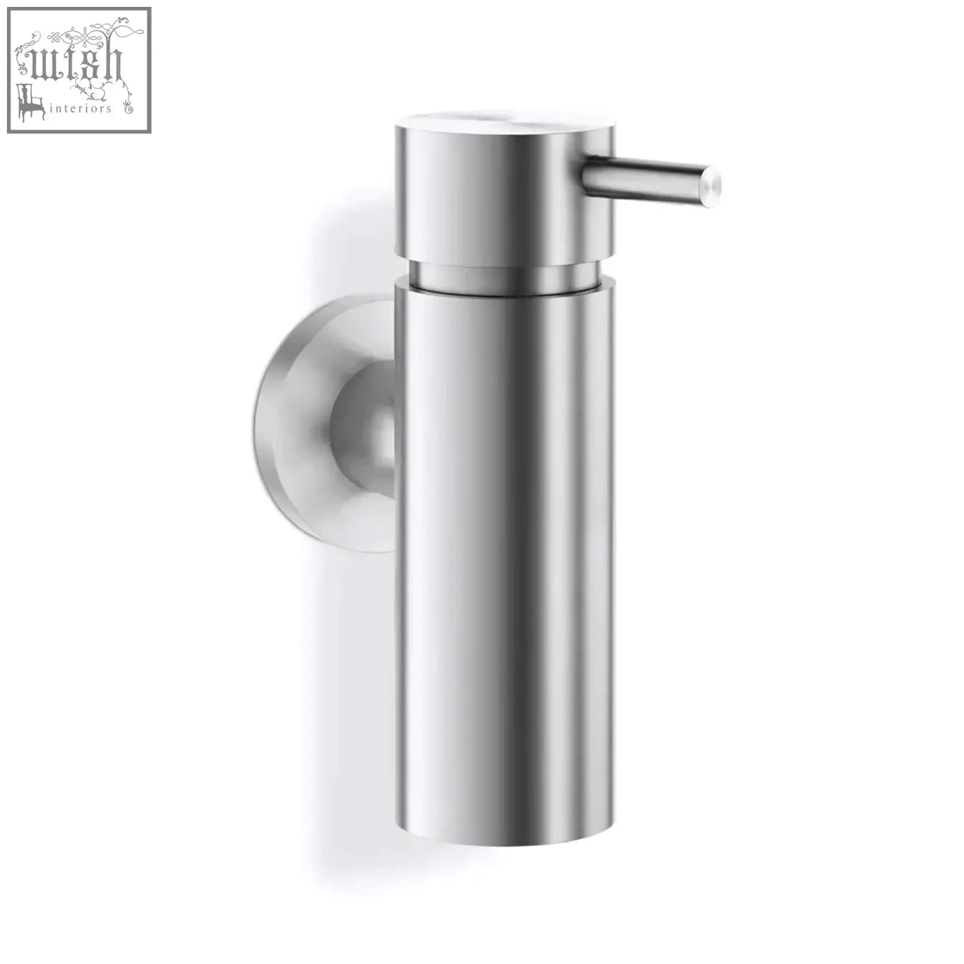 Stainless steel zack manola soap dispenser with sleek cylindrical body and minimalist push-button wall mount design