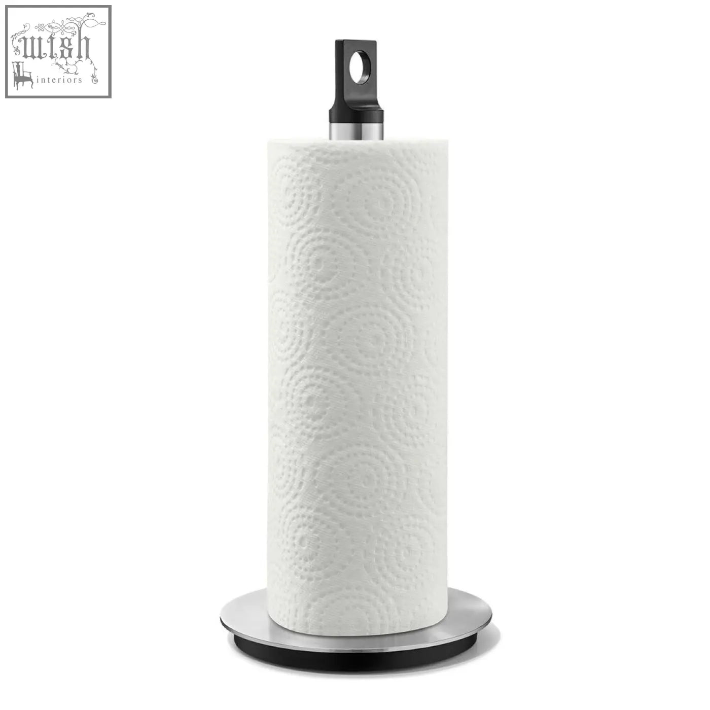 Zack Matos premium brushed stainless steel kitchen roll holder with embossed white kitchen roll on sleek black stand
