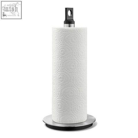 Zack Matos premium brushed stainless steel kitchen roll holder with embossed white kitchen roll on sleek black stand