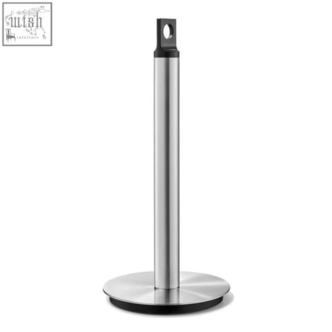 Stainless steel kitchen roll holder with sleek cylindrical design and black rubber base for effortless use