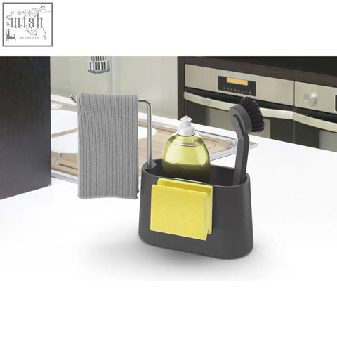 Black and yellow zack mavos brushed stainless steel sink organiser with drying bar and built-in sponge holder