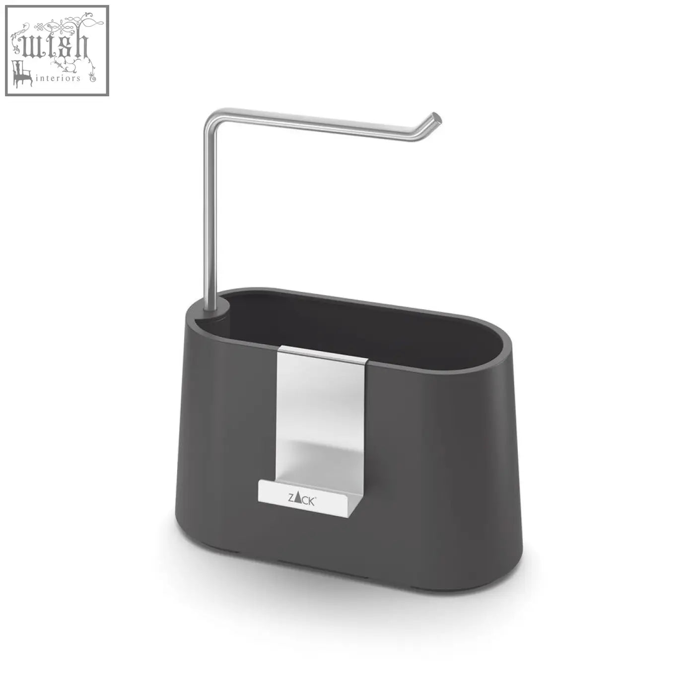 Modern gray plastic toilet paper holder with sleek silver brushed stainless steel stand and zack logo front view