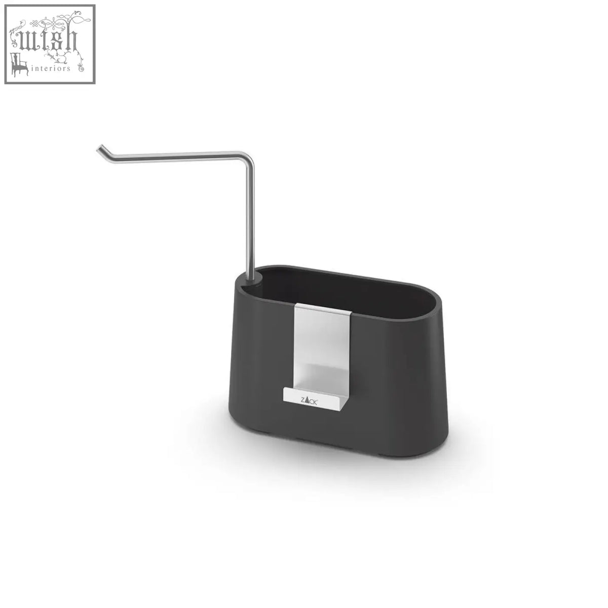 Black zaoc toilet paper holder with sleek brushed stainless steel rod and accent panel featuring drying bar design