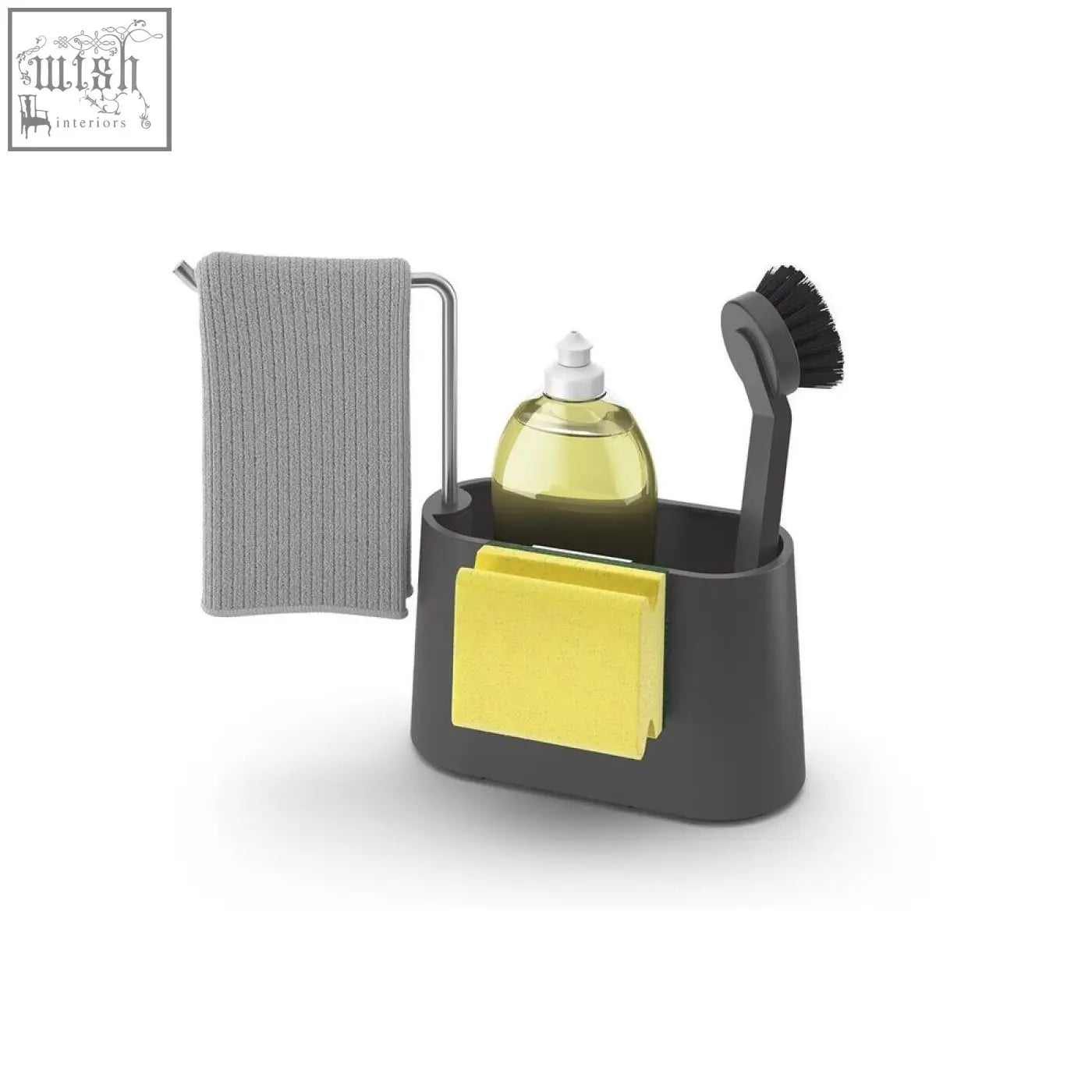 Dark gray plastic kitchen organizer with yellow sponge holder black scrub brush and brushed stainless steel drying bar