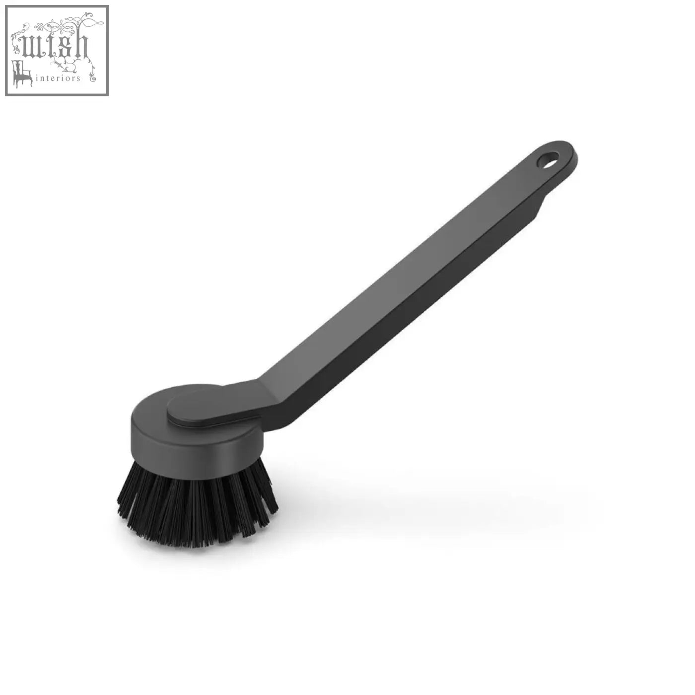 Black plastic mavos dishwashing brush with dense stiff bristles and looped handle for hanging with replaceable head