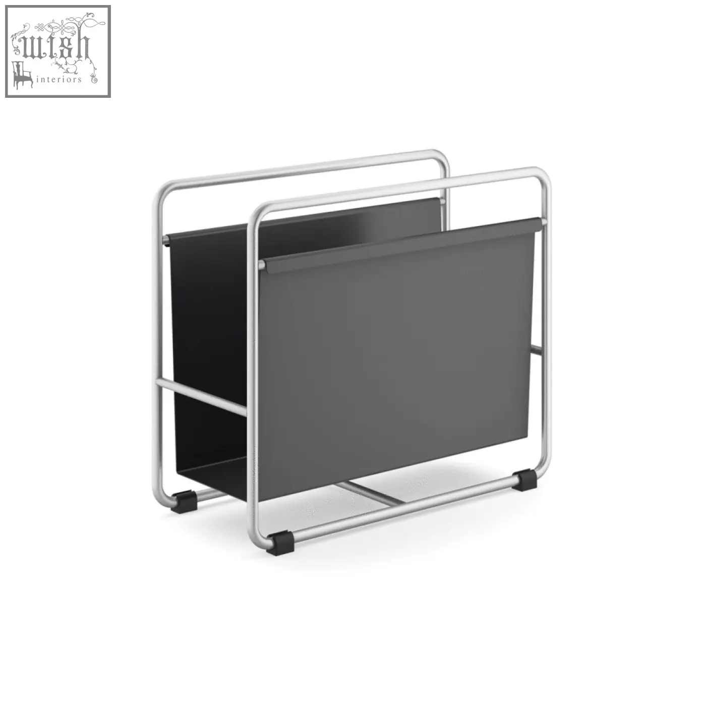 Modern zack mecor magazine rack with sleek stainless steel frame and dark gray fabric panels for stylish storage